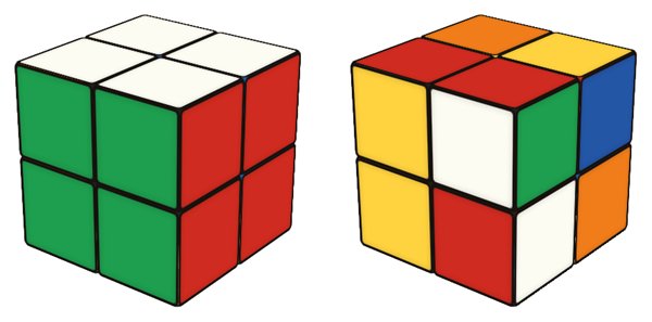2x2 Cube simulator: solved on the left, scrambled on the right