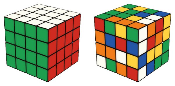 4x4 Rubik's Cube simulator: solved on the left, scrambled on the right