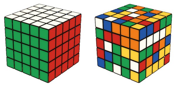 5x5 Rubik's Cube simulator: solved on the left, scrambled on the right
