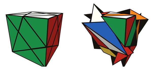Axis Cube simulator: solved on the left, scrambled on the right