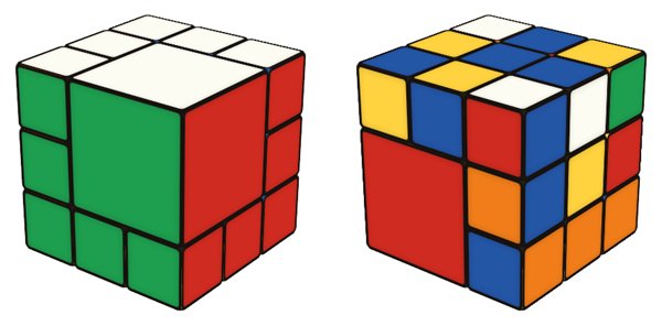 Bandaged Cube simulator: solved on the left, scrambled on the right
