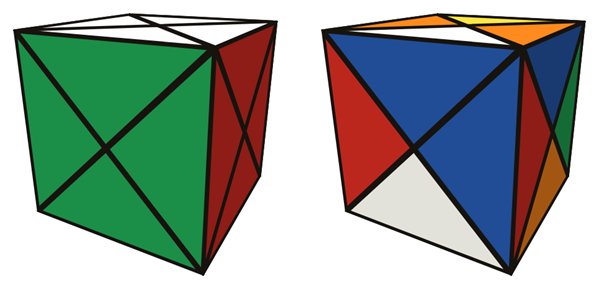Dino Cube simulator: solved on the left, scrambled on the right
