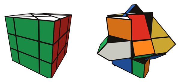 Fisher Cube simulator: solved on the left, scrambled on the right