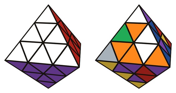 FTO simulator: solved on the left, scrambled on the right