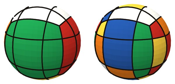 Globe Puzzle simulator: solved on the left, scrambled on the right