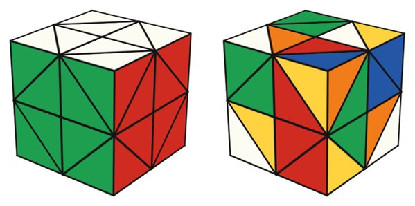 Helicopter Cube simulator: solved on the left, scrambled on the right