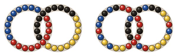 Hungarian Rings simulator: solved on the left, scrambled on the right