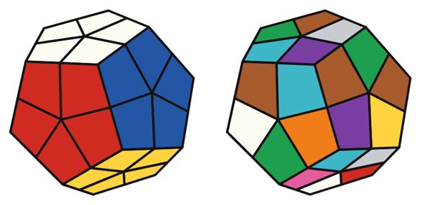 Kilominx simulator: solved on the left, scrambled on the right