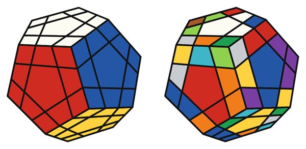 Megaminx simulator: solved on the left, scrambled on the right