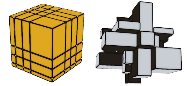Mirror Cube simulator: solved on the left, scrambled on the right