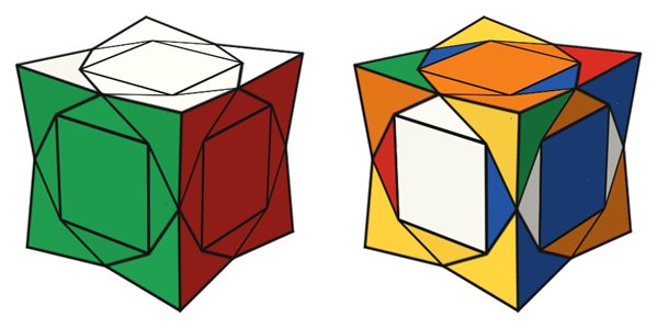 Pandora Cube simulator: solved on the left, scrambled on the right