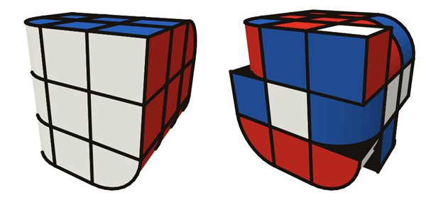 Penrose Cube simulator: solved on the left, scrambled on the right