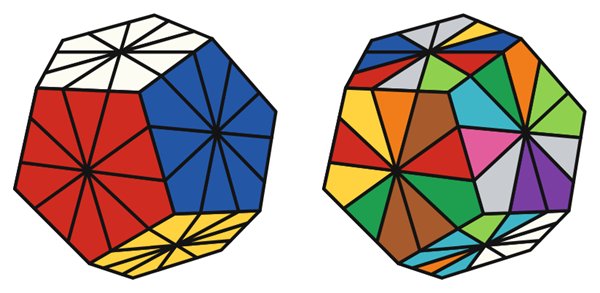 Pyraminx Crystal simulator: solved on the left, scrambled on the right