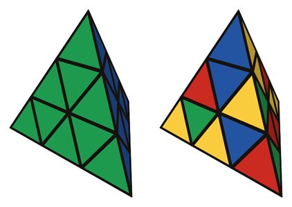 Pyraminx simulator: solved on the left, scrambled on the right