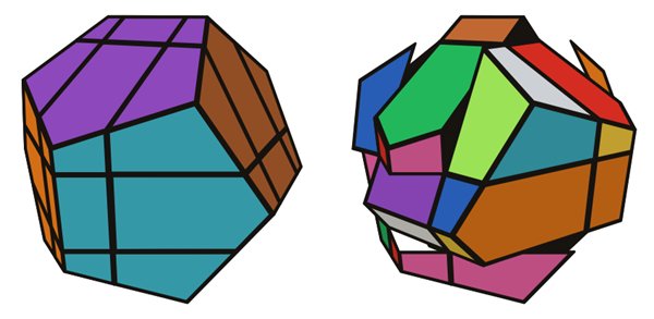 QJ Dodecahedron simulator: solved on the left, scrambled on the right