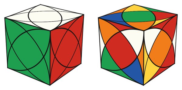 Rex Cube simulator: solved on the left, scrambled on the right