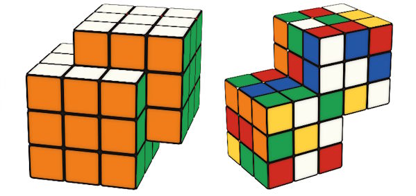 Siamese Cube simulator: solved on the left, scrambled on the right