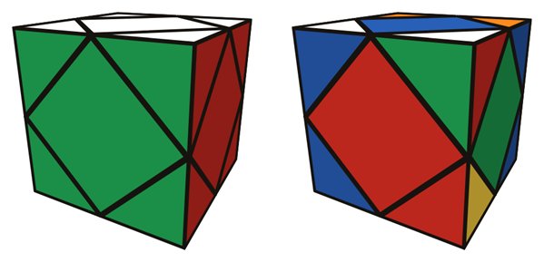 Skewb simulator: solved on the left, scrambled on the right