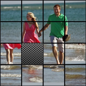 Sliding 15 Puzzle made from a beach photo, with one tile missing to leave the gap