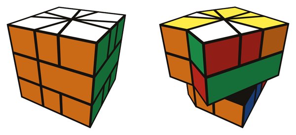 Square-1 simulator: solved on the left, scrambled on the right