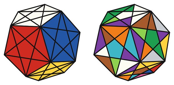 Starminx simulator: solved on the left, scrambled on the right