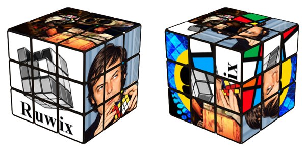 Picture Cube simulator: solved on the left, scrambled on the right