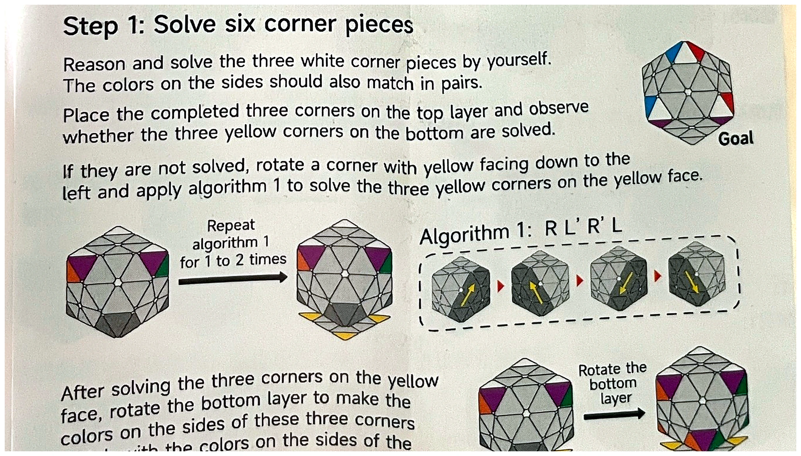 QY FTO leaflet diagrams for solving and aligning all six corner pieces.